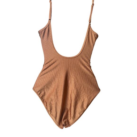 Aerie Brown ribbed one piece beach swimsuit scoop back Small New - Picture 2 of 4